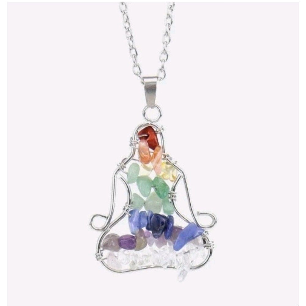 7 Chakra Gemstone Yoga Buddha Pendant Necklace Reiki Healing Amulet Silver Tone